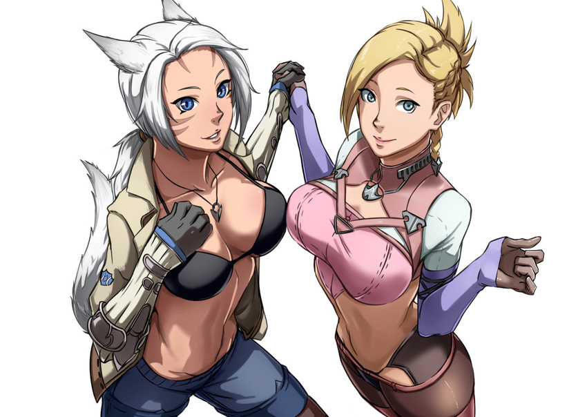 2girls animal_ears bikini_top blonde_hair blue_eyes braid breasts cat_ears cat_tail facial_mark final_fantasy final_fantasy_xiv gloves hand_holding hyur imdsound large_breasts long_hair looking_at_viewer minfilia miqo'te miqo'te multiple_girls navel short_hair silver_hair simple_background tail