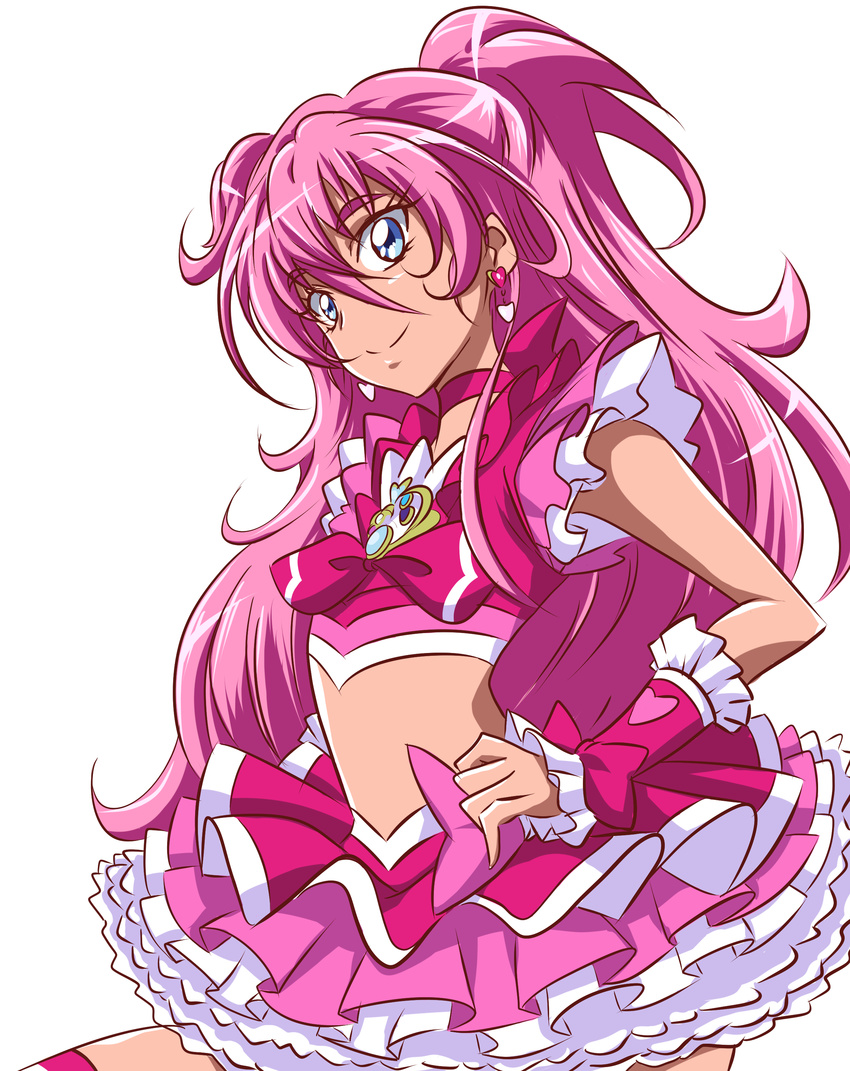 absurdres alternate_hairstyle arudebido blue_eyes bow brooch choker cowboy_shot crop_top cure_melody earrings frilled_skirt frills hair_down highres houjou_hibiki jewelry long_hair looking_at_viewer magical_girl pink_bow pink_choker pink_hair pink_skirt precure skirt smile solo suite_precure white_background wrist_cuffs
