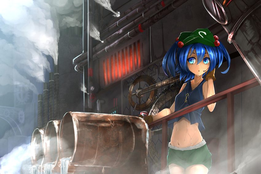 bare_shoulders blue_eyes blue_hair brown_gloves can collarbone factory gears gloves groin hachidori_tou hair_bobbles hair_ornament hand_up hat highres industrial kawashiro_nitori leaking midriff navel sewer shorts smoke solo steam sweat tank_top touhou twintails two_side_up valve water
