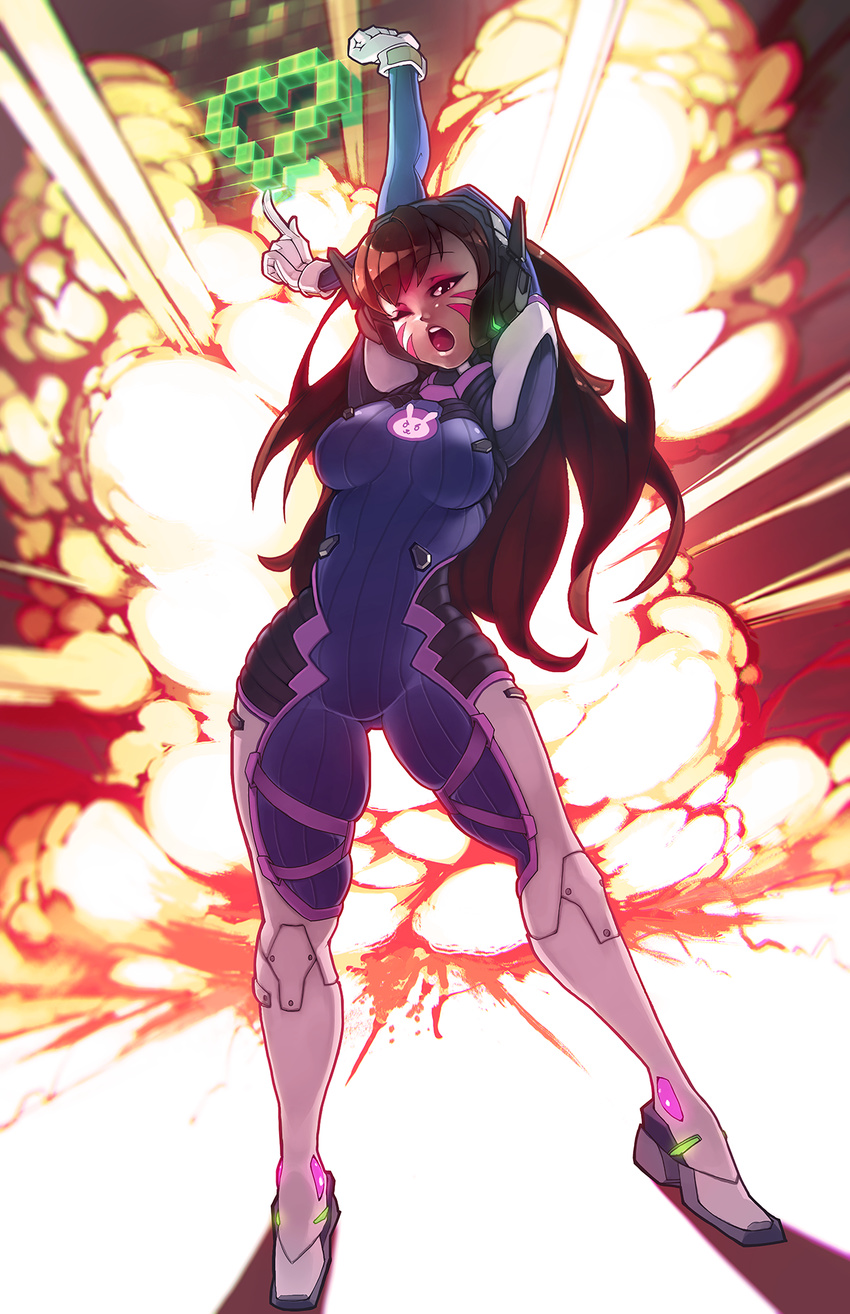 bodysuit brown_hair commentary d.va_(overwatch) explosion eyeshadow facial_mark full_body gloves headphones heart highres long_hair makeup one_eye_closed open_mouth overwatch pixelated rtil solo standing stretch whisker_markings white_gloves yawning