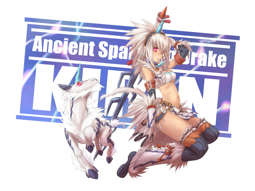 armor bare_shoulders breasts cleavage elbow_gloves gloves hairband horns kirin_(armor) kirin_(monster_hunter) long_hair medium_breasts midriff monster_hunter navel open_mouth red_eyes silver_hair solo sword tail thighhighs tsukigami_chronica underboob unicorn weapon