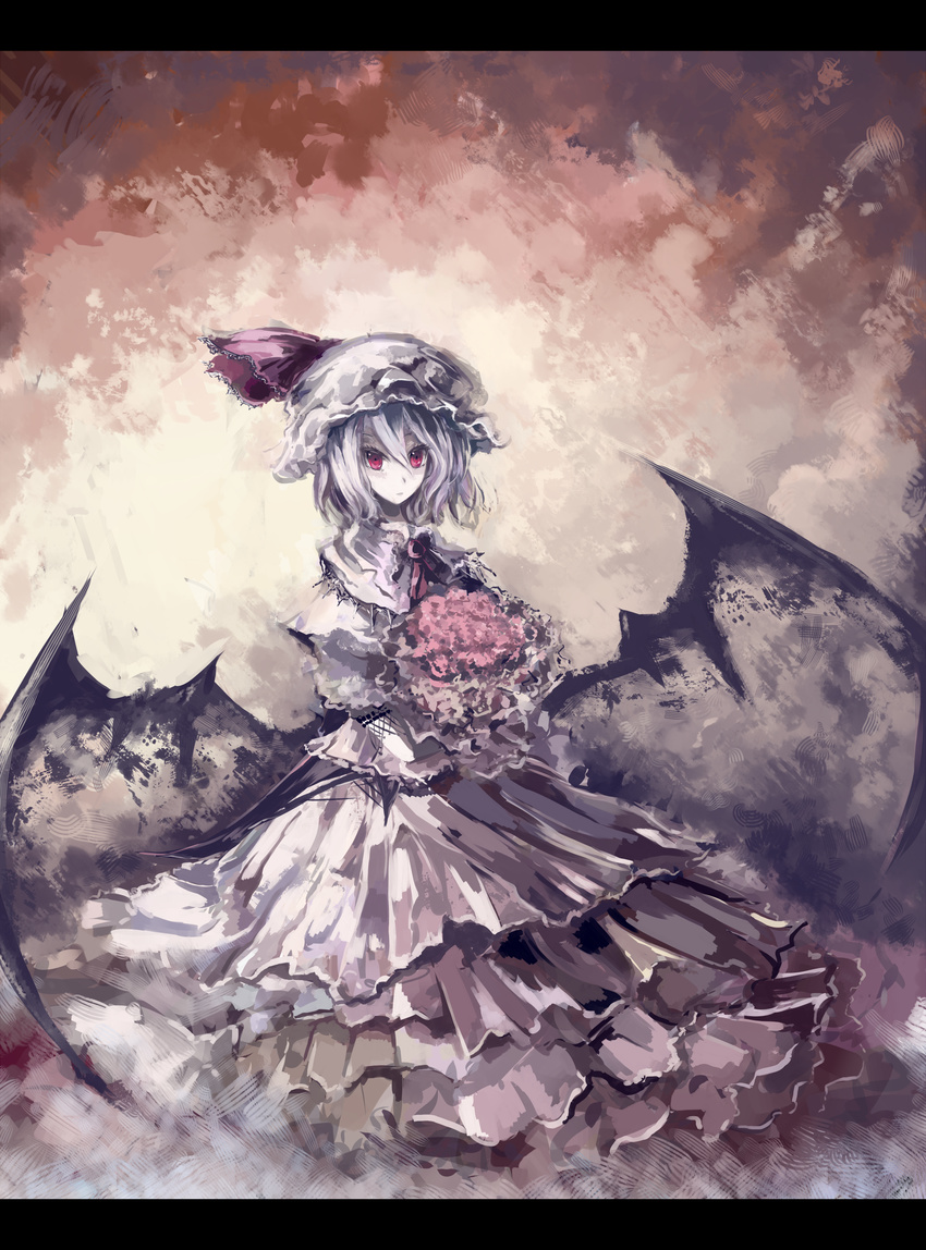 absurdres alternate_color alternate_costume ayaya bat_wings bouquet dress flower frills gathers hat hat_ribbon highres lace lavender_hair letterboxed pink_eyes remilia_scarlet ribbon short_hair solo touhou wings