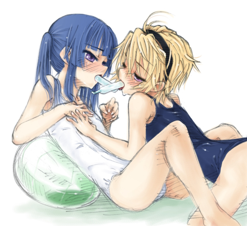 ahoge blonde_hair blue_hair flat_chest food furude_rika hairband hands higurashi_no_naku_koro_ni houjou_satoko long_hair mouth_hold multiple_girls one-piece_swimsuit popsicle purple_eyes ryou_(shirotsumesou) school_swimsuit short_hair side_ponytail sketch swimsuit tupet yuri