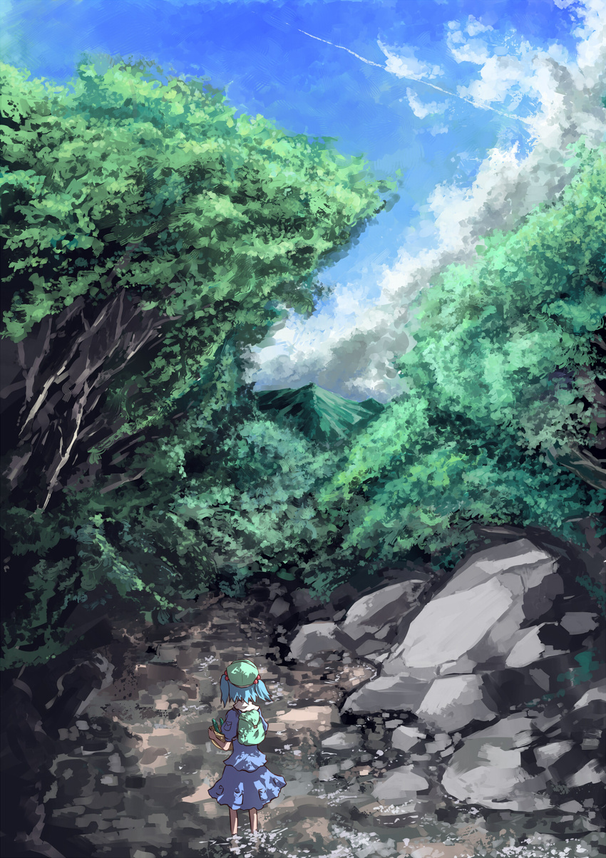 ayaya backpack bad_id bad_pixiv_id bag blue_hair cloud day hair_bobbles hair_ornament hat highres kawashiro_nitori nature scenery short_hair sky solo touhou twintails two_side_up wading water