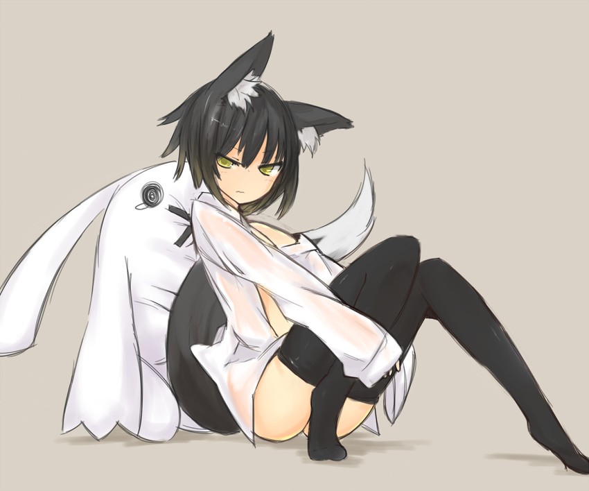 animal_ears bad_id bad_pixiv_id black_legwear bunny doll fox_ears fox_tail ganesagi leg_hug nanashi_(ganesagi) open_clothes open_shirt original see-through shirt simple_background sleeves_past_wrists solo tail thighhighs