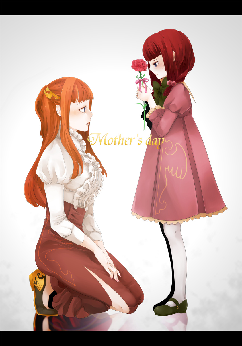 absurdres alternate_hairstyle bad_id bad_pixiv_id blush carnation child english flower highres kneeling letterboxed maroyan mary_janes mother's_day multiple_girls pantyhose red_carnation red_flower shoes standing umineko_no_naku_koro_ni ushiromiya_ange ushiromiya_eva younger