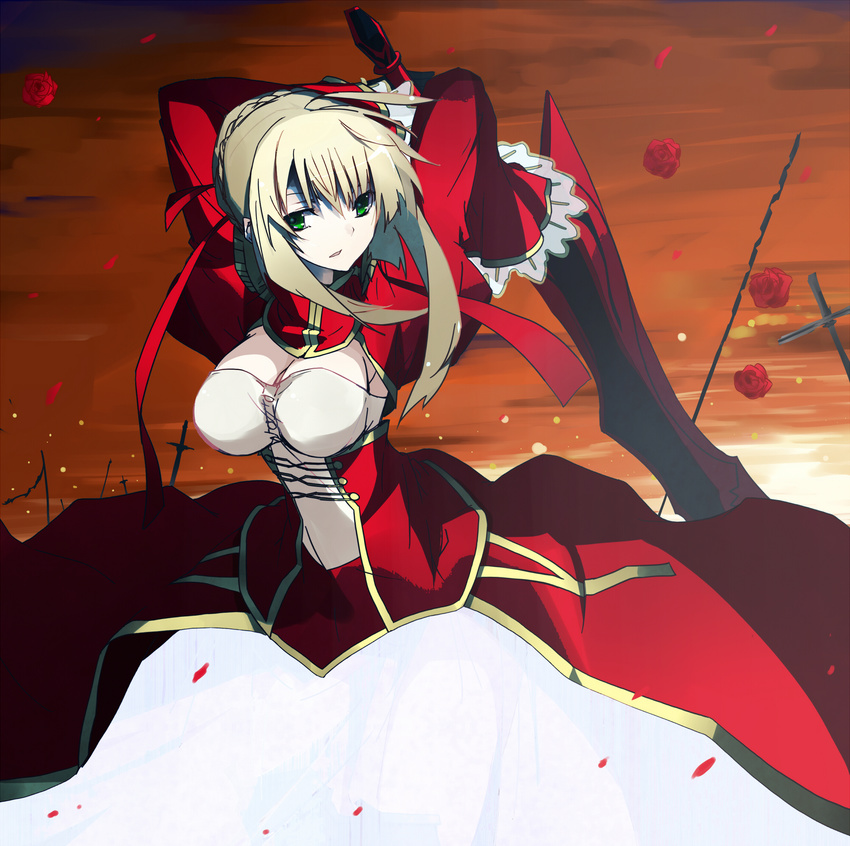 aestus_estus blonde_hair breasts cleavage fate/extra fate_(series) flower green_eyes highres large_breasts long_hair nero_claudius_(fate) nero_claudius_(fate)_(all) petals red_flower red_rose rose rose_petals solo sword vane weapon