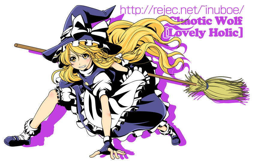 apron arm_support blonde_hair bow braid broom cureyon fingerless_gloves gloves grimace hair_bow hat hat_ribbon highres kirisame_marisa long_hair ribbon single_braid solo touhou witch_hat yellow_eyes