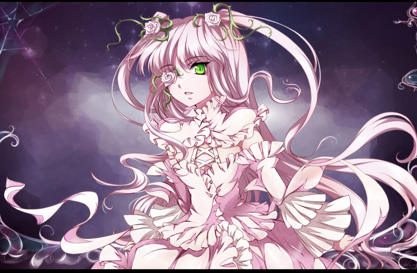 detached_sleeves eyepatch flower frills green_eyes hair_flower hair_ornament kirakishou long_hair mtyy pink_flower pink_hair pink_rose rose rozen_maiden solo