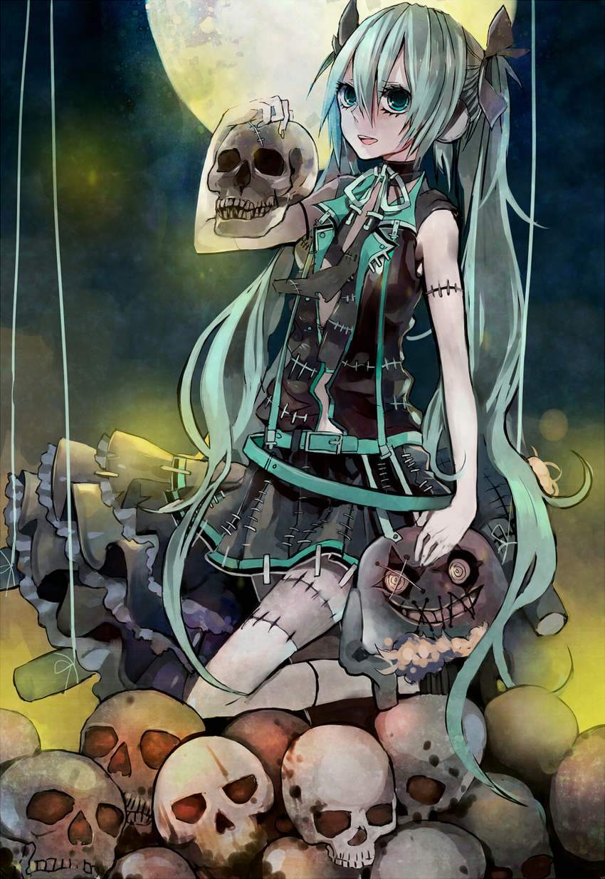 aqua_eyes aqua_hair hatsune_miku highres long_hair moon necktie night skirt skull solo stitches susu twintails very_long_hair vocaloid