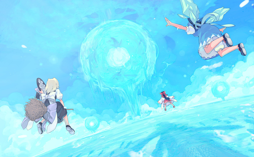 black_hair blonde_hair bloomers blue_hair bow broom cirno detached_sleeves flying from_behind hair_bow hakurei_reimu hat hat_removed headwear_removed highres holding holding_hat kirisame_marisa monster morino_hon multiple_girls no_socks outstretched_arms short_hair sky spread_arms touhou underwear water whale wings witch_hat