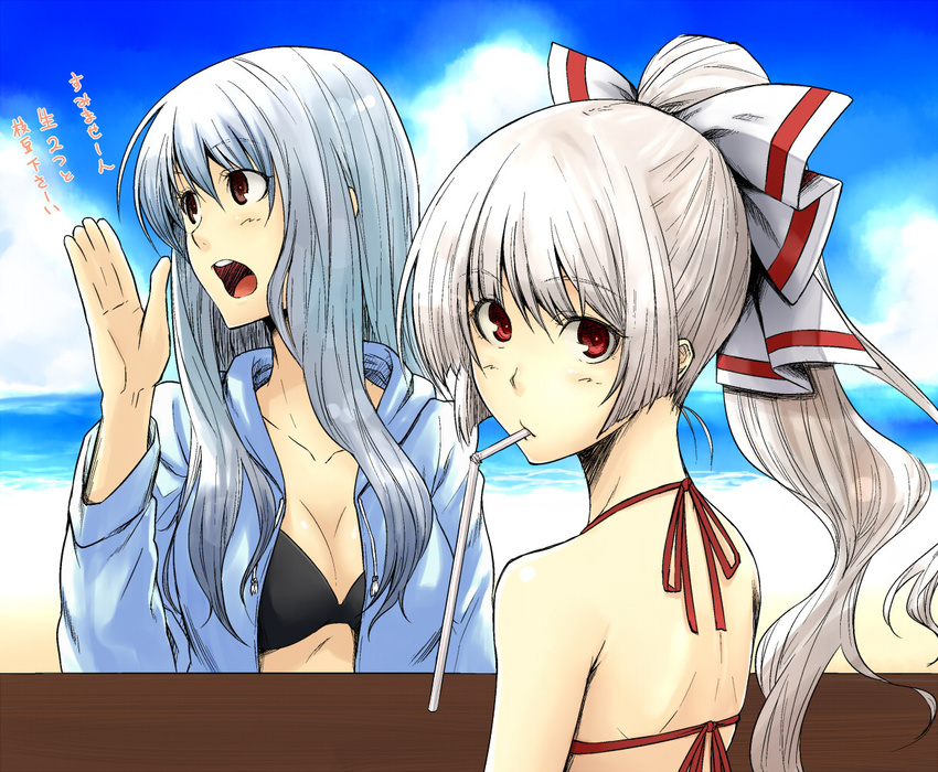 alternate_hairstyle bare_shoulders bikini blue_hair bow breasts brown_eyes cleavage drinking_straw face fujiwara_no_mokou hair_bow hands hiroya_juuren hood hooded_jacket jacket kamishirasawa_keine large_bow long_hair looking_at_viewer looking_back medium_breasts multiple_girls ponytail red_eyes silver_hair staring swimsuit touhou translated