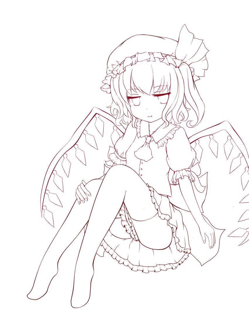 :t absurdres bed flandre_scarlet hat highres lineart monochrome one_side_up pout shiro_tsugumi short_hair solo thighhighs touhou transparent_background wings