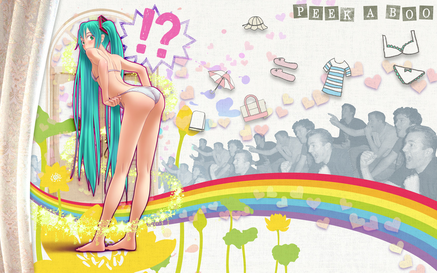 1girl aqua_eyes aqua_hair ass bag barefoot bikini bow bow_panties bra bra_removed bucket_hat feet flower gaijin_4koma hat hatsune_miku heart highres legs lingerie long_hair long_legs looking_back lotus panties panties_removed plant pointing rainbow rainbow_path slippers sparkle strap_gap striped swimsuit toes towel twintails umbrella underwear underwear_only very_long_hair vocaloid wallpaper white_bra white_panties window wokada