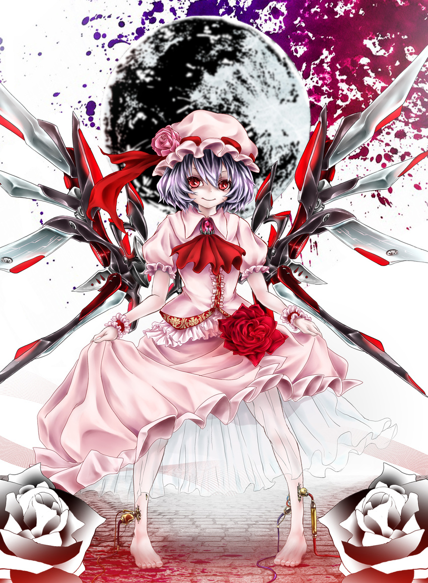 barefoot cable dress dress_lift flower hat highres mechanical_wings onokoro401 pink_flower pink_rose purple_hair red_eyes red_flower red_rose remilia_scarlet rose short_hair solo touhou white_flower white_rose wings