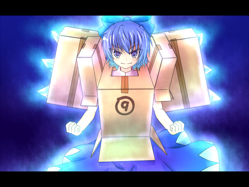 1girl armored_core aura bad_id bad_pixiv_id blue_eyes blue_hair bow cardboard_box_gundam cirno fairy fighting_stance glowing hair_bow letterboxed nineball=cirno nineball_seraph short_hair smile solo touhou wings yanagi_ryou