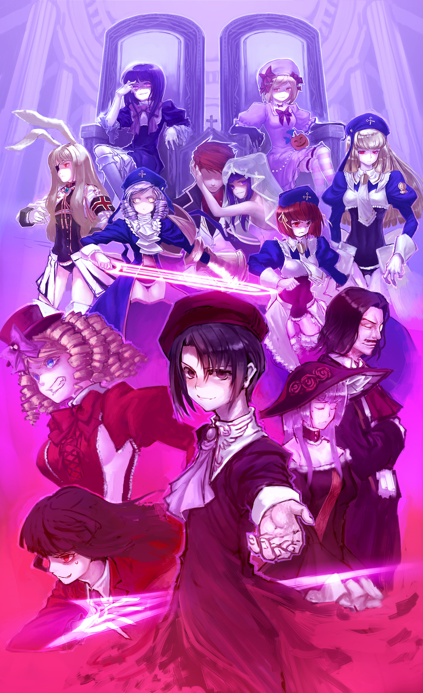 absurdres animal_ears armband black_hair blonde_hair blue_eyes blue_hair bow breasts bridal_veil bride brown_hair bunny_ears cape chiester00 chiester_sisters closed_eyes cornelia_(umineko) cross curly_hair dlanor_a_knox dress drill_hair eiserne_jungfrau elbow_gloves eyepatch flower frederica_bernkastel furudo_erika gaap gertrude gloves glowing glowing_eyes grin hair_bow hair_ornament hair_ribbon hairclip hat highres jewelry kanon_(umineko) lain lambdadelta long_hair lucifer medium_breasts mini_hat mini_top_hat monocle multiple_girls necklace no_eyes purple_eyes purple_hair red_eyes red_flower red_hair red_rose ribbon ronove rose sash shaded_face short_hair showgirl_skirt smile stakes_of_purgatory striped striped_legwear sweat thighhighs throne top_hat umineko_no_naku_koro_ni ushiromiya_battler veil virgilia wedding_dress yellow_eyes