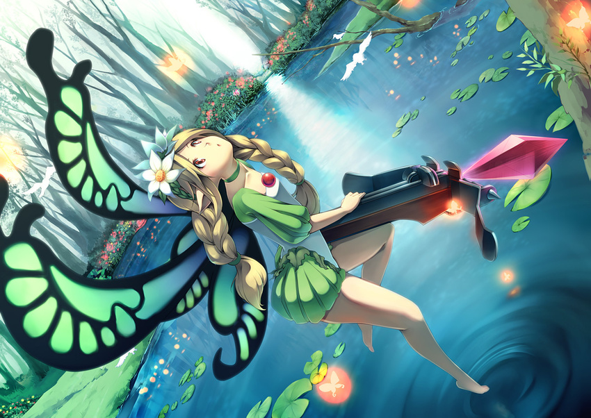 bare_legs barefoot bird blonde_hair bow_(weapon) braid brown_eyes bug butterfly butterfly_wings choker crossbow crystal dutch_angle fairy feet floating flower forest green_eyes hair_flower hair_ornament headdress insect lake lily_pad long_hair looking_up mercedes nature odin_sphere perspective pointy_ears pond ripples scenery solo tree twin_braids weapon wings yoshino_ryou