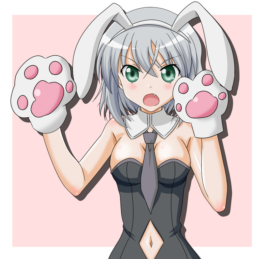 animal_ears breasts bunny_ears fan fang highres medium_breasts navel paws sanya_v_litvyak solo strike_witches takumi_(rozen_garten) white_hair world_witches_series