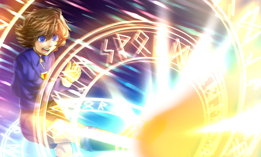 blue_eyes brown_hair fideo_aldena inazuma_eleven inazuma_eleven_(series) kicking magic_circle male_focus mayuma_yumeko solo