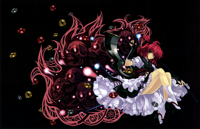 absurdres clog_sandals coin female full_body hair_bobbles hair_ornament highres misaki_kurehito onozuka_komachi red_eyes red_hair redhead scythe short_hair skull solo tabi touhou twintails