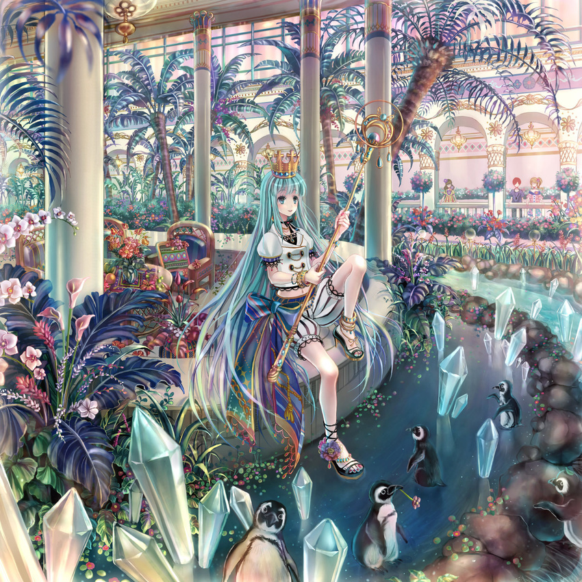 3girls anko_kinako aqua_eyes aqua_hair arch bird bracelet chair column crown crystal flower garden highres jewelry long_hair md5_mismatch multiple_girls original palm_tree penguin pillar sitting solo_focus staff table tree vase