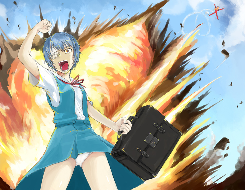 arm_up ayanami_rei bag bandage_over_one_eye bandages blue_hair bodysuit brown_hair clenched_hand day debris drawfag evangelion:_2.0_you_can_(not)_advance explosion highres midair multiple_girls neon_genesis_evangelion non-web_source open_mouth panties parody plugsuit raised_fist rebuild_of_evangelion ribbon school_bag school_uniform shikinami_asuka_langley short_hair skirt sky souryuu_asuka_langley underwear white_panties