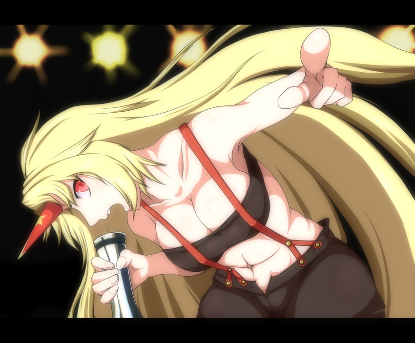 abs benedicta_(yamamaya4) blonde_hair highres horn hoshiguma_yuugi long_hair music pants red_eyes singing solo star suspenders touhou