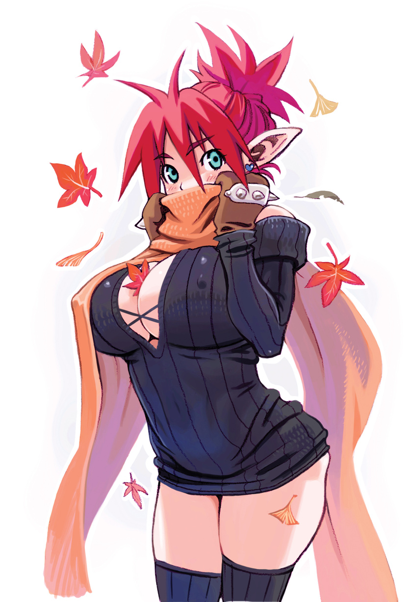 autumn_leaves blue_eyes breasts cleavage covered_mouth covered_nipples cowboy_shot earrings gloves highres jewelry large_breasts leaf maple_leaf mugen_no_fantasia orange_scarf pointy_ears red_hair ryoji_(nomura_ryouji) scarf solo spiked_gloves thighhighs twintails