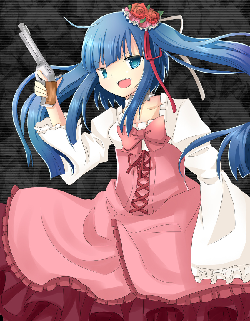 blue_eyes blue_hair bow dress fang furudo_erika gun hair_ornament highres long_hair open_mouth revolver smile twintails umineko_no_naku_koro_ni weapon