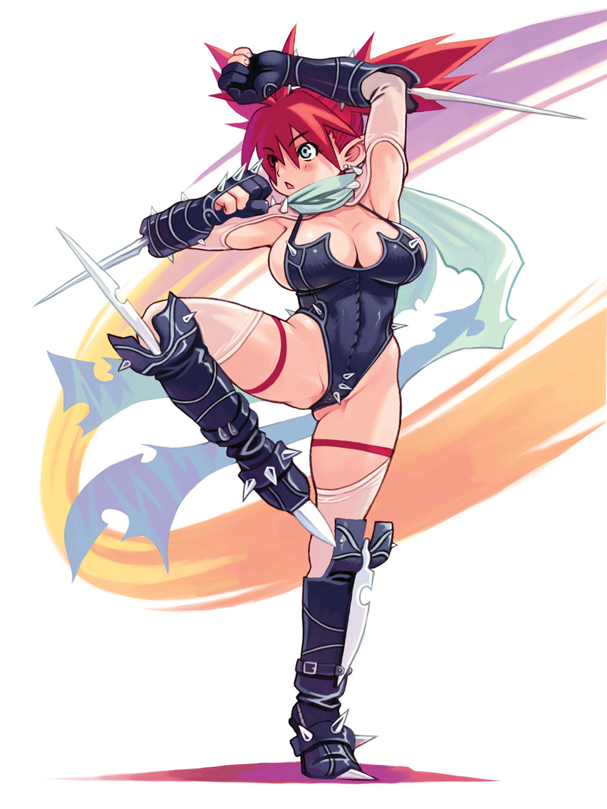 arm_blade arms_up blade blue_eyes breasts earrings fighting_stance full_body gloves highres jewelry large_breasts leg_up mugen_no_fantasia pointy_ears pose red_hair ryoji_(nomura_ryouji) scarf solo spiked_gloves spikes thighhighs tiptoes twintails weapon