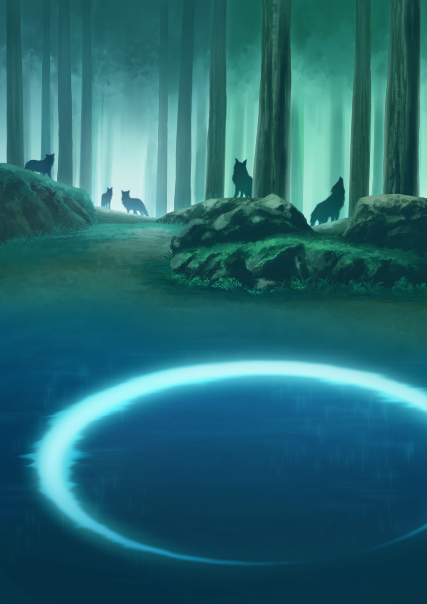 absurdres crescent_moon forest highres hill moon nature river sparkle the_twilight_saga tree water werewolf wolf wolves