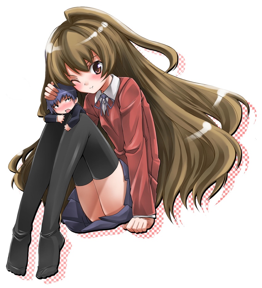 1girl aisaka_taiga brown_eyes brown_hair feet highres legs long_hair one_eye_closed school_uniform shikapu takasu_ryuuji thighhighs toradora!