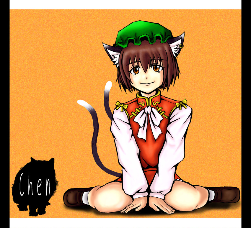 animal_ears bad_id bad_pixiv_id bow bowtie brown_hair cat_ears cat_tail chen full_body highres long_sleeves looking_at_viewer multiple_tails nekomata neoamon shoes short_hair sitting solo tail touhou two_tails wariza white_bow white_neckwear