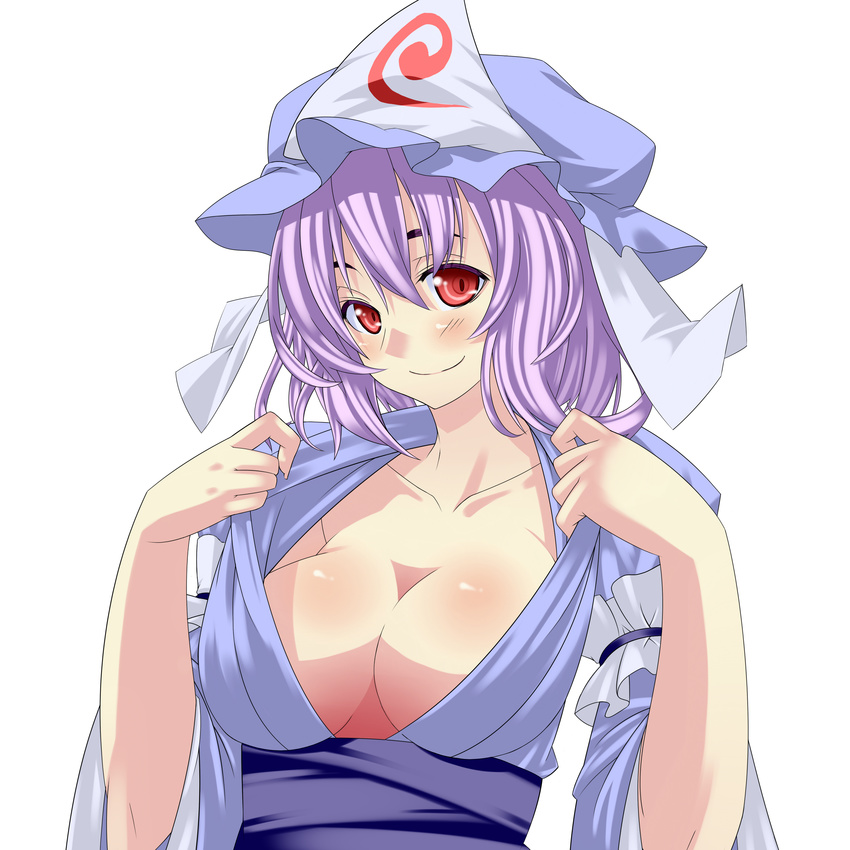 absurdres akutsu bad_id bad_pixiv_id blush breasts cleavage highres large_breasts open_clothes pink_hair saigyouji_yuyuko smile solo touhou undressing