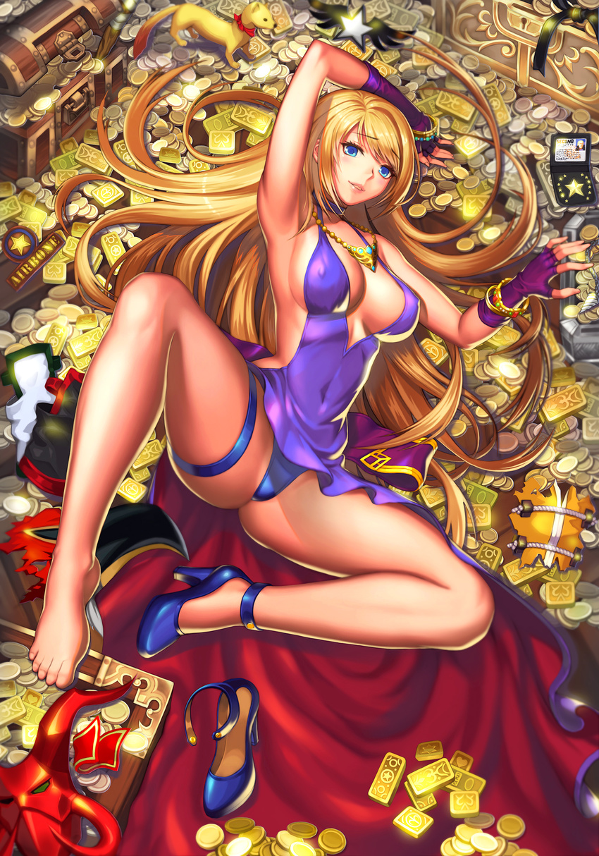 armpits bare_shoulders belt blonde_hair blue_eyes blush bonne_jenet bracelet breasts choker cleavage coin dress fatal_fury fingerless_gloves gloves gold high_heels highres jewelry large_breasts long_hair mark_of_the_wolves mask panties shoes single_shoe smile snk solo treasure treasure_chest turna98 underwear