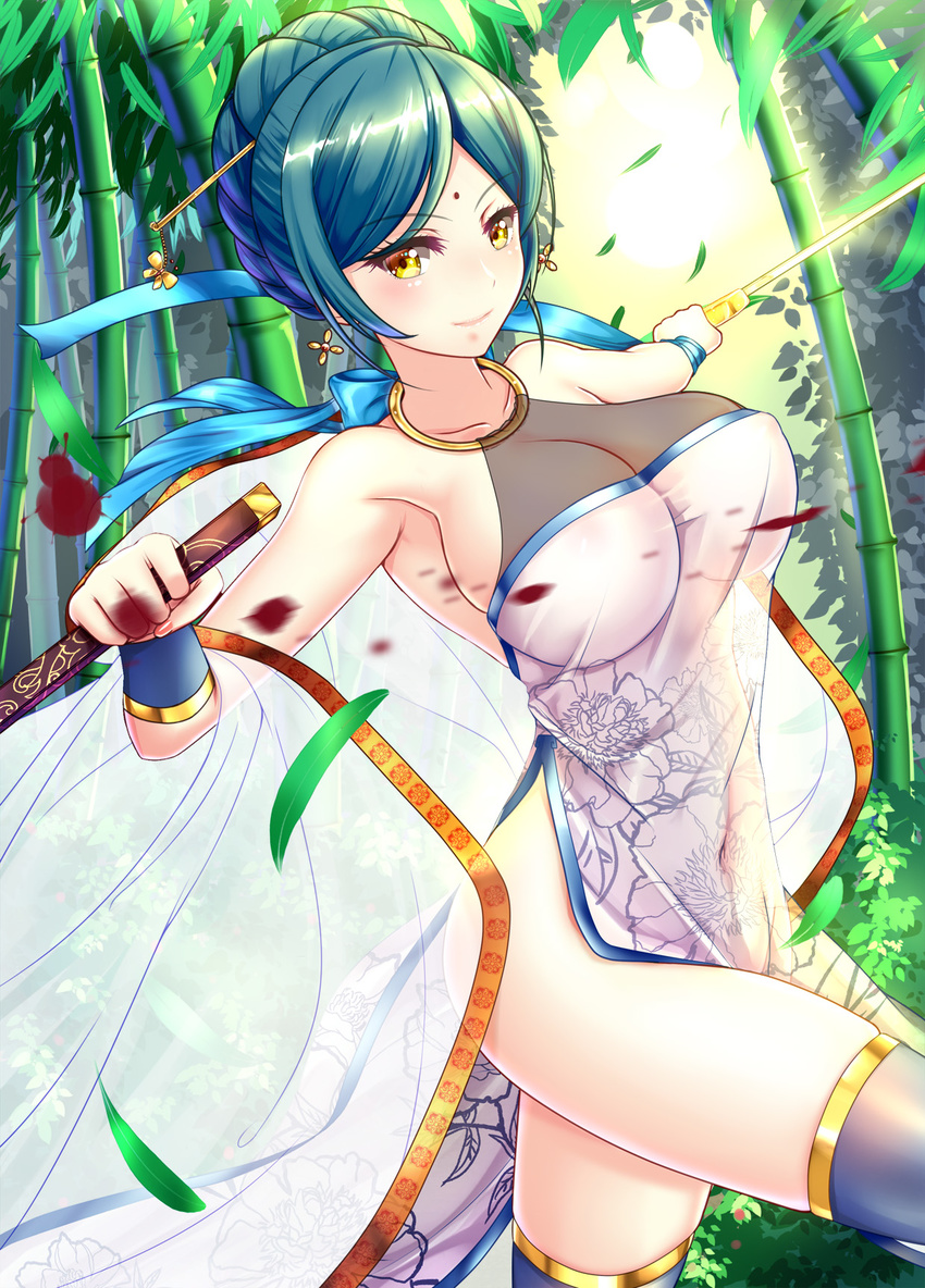 attack bamboo bamboo_forest black_legwear blood blood_splatter blue_hair blush breasts china_dress chinese_clothes collarbone commentary_request covered_navel covered_nipples cowboy_shot dress floral_print forest hair_ornament hair_stick highres holding holding_sword holding_weapon large_breasts left-handed leg_up looking_at_viewer md5_mismatch nature no_panties original outdoors pelvic_curtain ribbon ryuuzouji_usagi see-through side_slit sideboob slashing smile solo sword thighhighs unsheathed weapon yellow_eyes