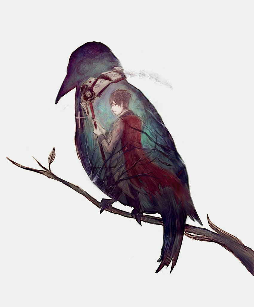 bird black_hair branch cape cross crow doris666 double_exposure highres male_focus qrow_branwen rwby scythe solo spoilers