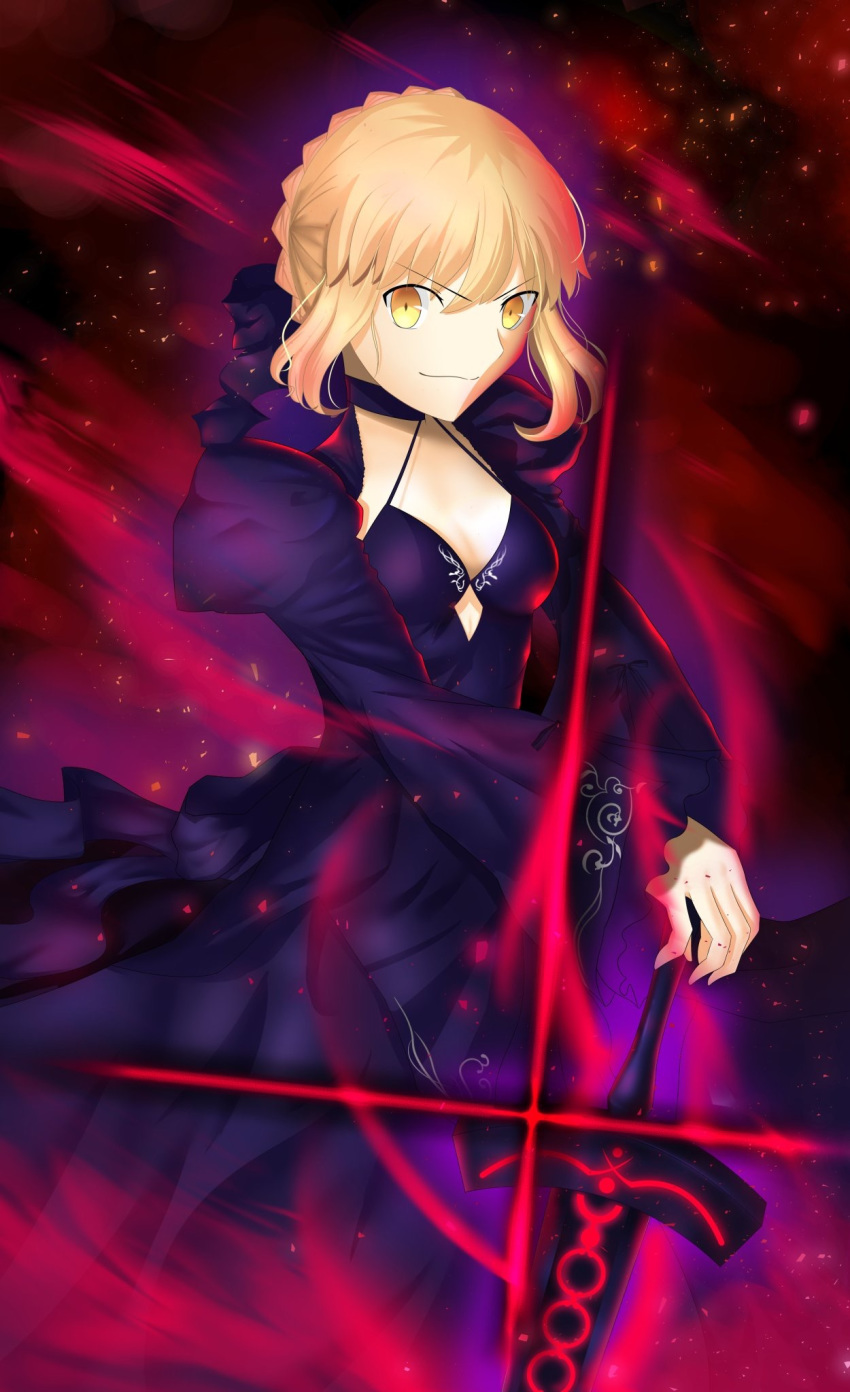 1girl artoria_pendragon_(all) black_bow blonde_hair blue_dress bow breasts cleavage dark_excalibur dress eyes fate/stay_night fate_(series) floating_hair hair_bow hand_on_hilt highres long_dress looking_at_viewer medium_breasts ria001 saber_alter shrug_(clothing) sidelocks smile solo standing v-shaped_eyebrows yellow_eyes