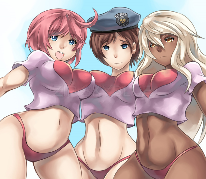 ahoge arc_system_works beret blue_eyes breast_press breasts brown_hair capcom crossover dark_skin elphelt_valentine gradient gradient_background guilty_gear guilty_gear_xrd hat jill_valentine large_breasts long_hair multiple_girls open_mouth orange_eyes panties pink_hair platinum_blonde ramlethal_valentine resident_evil ryukenden shirt short_hair smile underwear