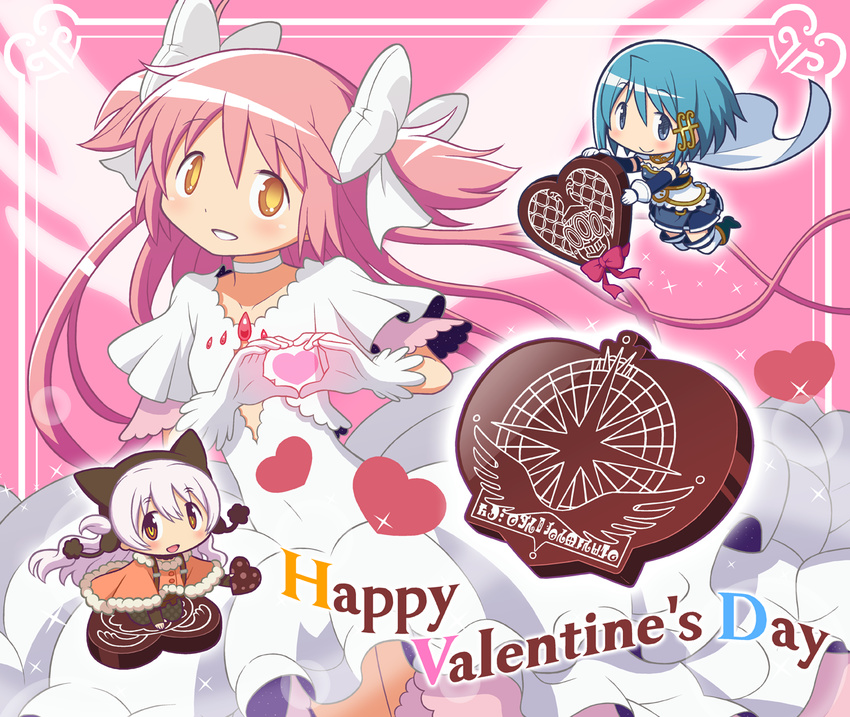 blue_eyes blue_hair bow cape capelet chocolate chocolate_heart choker cleavage_cutout dress fur_trim gecchu gloves grin hair_bow hair_ornament hairclip happy_valentine heart heart_hands kaname_madoka long_hair magical_girl mahou_shoujo_madoka_magica mahou_shoujo_madoka_magica_movie miki_sayaka momoe_nagisa multiple_girls oktavia_von_seckendorff pink_hair red_eyes short_hair smile spoilers thighhighs two_side_up ultimate_madoka valentine white_hair yellow_eyes zettai_ryouiki