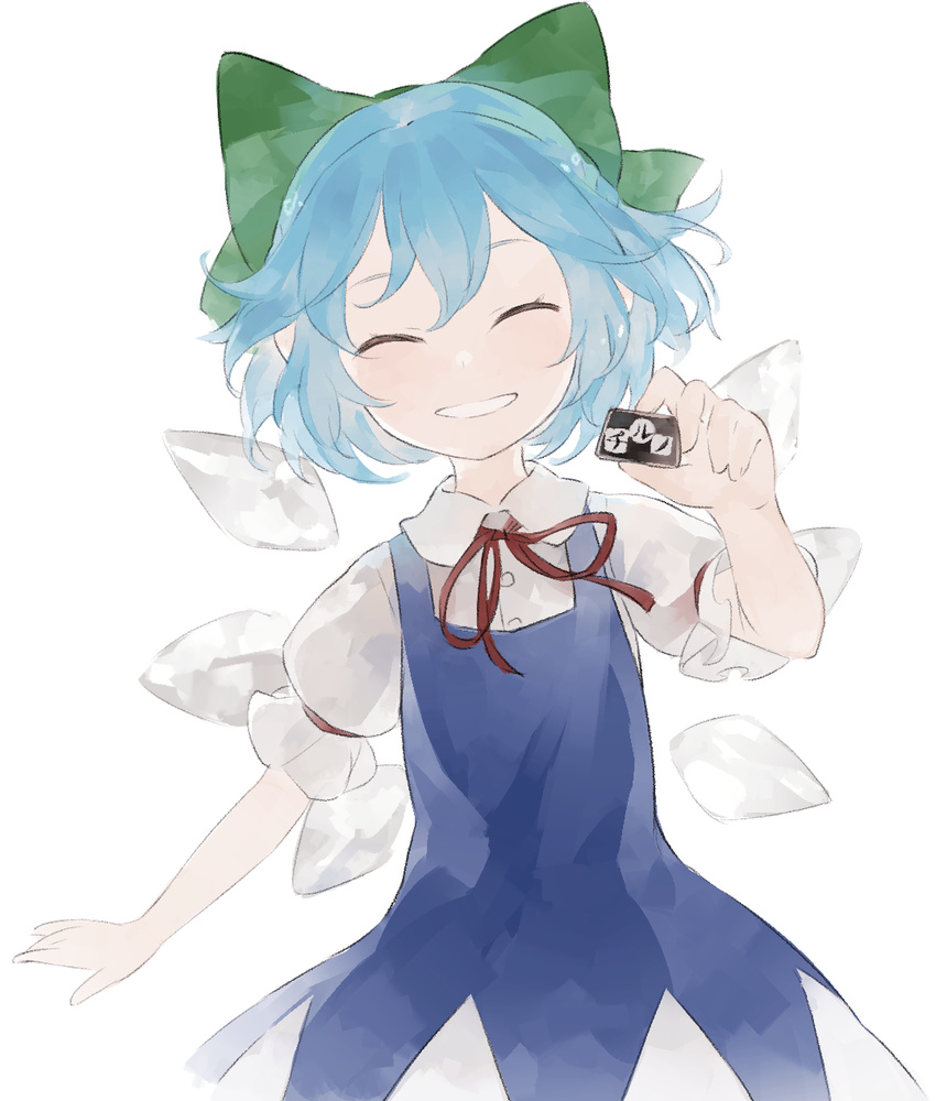 ^_^ blue_dress blue_hair bow chocolate cirno closed_eyes dress hair_bow highres ice ice_wings incoming_gift puffy_short_sleeves puffy_sleeves shihou_(g-o-s) shirt short_sleeves smile solo touhou valentine wings