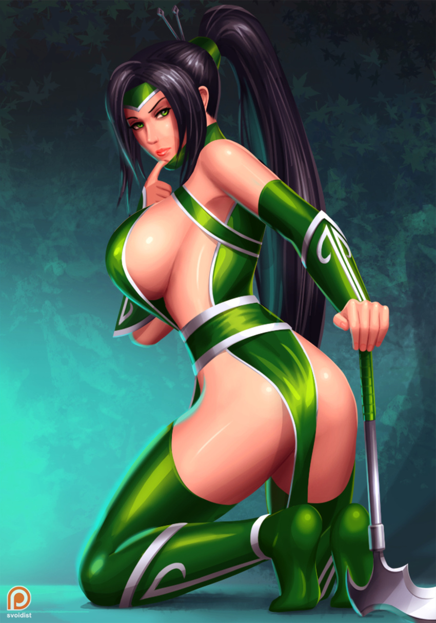 akali armpits ass bare_shoulders black_hair breasts closed_mouth commentary detached_sleeves from_side full_body green_eyes green_legwear highres kneeling large_breasts league_of_legends long_hair looking_at_viewer looking_to_the_side patreon_logo patreon_username pelvic_curtain ponytail revealing_clothes sickle sideboob solo svoidist thighhighs watermark