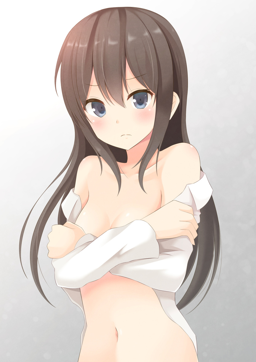 :c aibumi bare_shoulders black_hair blush breasts cleavage covering covering_breasts crossed_arms grey_eyes highres long_hair looking_at_viewer naked_shirt navel off_shoulder open_clothes open_shirt original out-of-frame_censoring shirt small_breasts solo very_long_hair