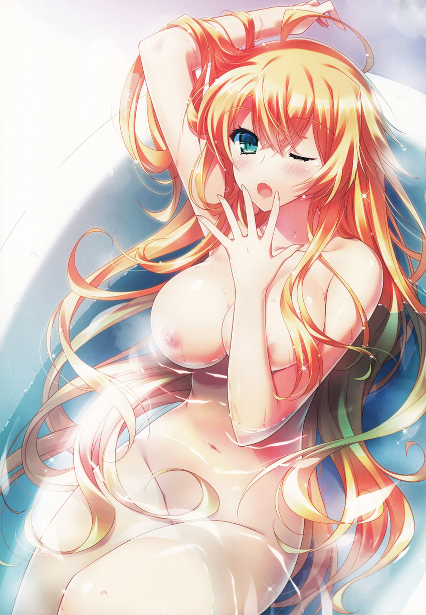 absurdres ahoge arm_up bathing bathtub blonde_hair blush breasts convenient_censoring eyebrows eyebrows_visible_through_hair green_eyes highres ignis_no_meiyaku_kishi large_breasts long_hair looking_at_viewer navel nipples non-web_source nude one_eye_closed open_mouth partially_submerged solo tina_valerie very_long_hair water yasaka_minato yawning