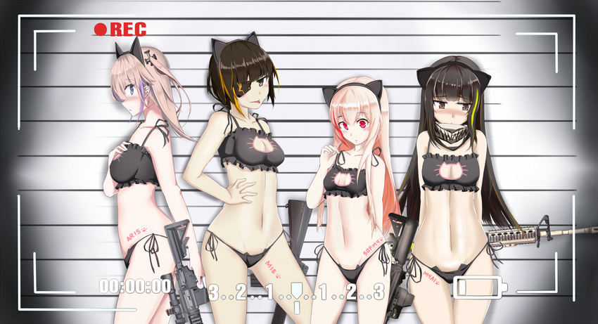 animal_ears anti-rain_(girls_frontline) ar-15 assault_rifle brown_hair cat_ears cat_lingerie eyepatch girls_frontline gun hair_ornament highres long_hair m16a1 m16a1_(girls_frontline) m4_carbine m4_sopmod_ii m4_sopmod_ii_(girls_frontline) m4a1_(girls_frontline) mag_(mag42) meme_attire multicolored_hair multiple_girls navel panties pink_hair reclining rifle side-tie_panties st_ar-15_(girls_frontline) tongue tongue_out two-tone_hair underwear weapon