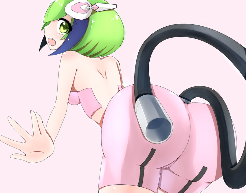 android ass bare_arms bare_shoulders bent_over bike_shorts blue_hair blush bra breasts dimension_w green_eyes green_hair headgear horoooo huge_ass leaning leaning_forward looking_at_viewer looking_back medium_breasts multicolored_hair open_mouth pink_shorts shiny shiny_clothes shiny_hair shiny_skin short_hair shorts solo streaked_hair tail underwear yurizaki_mira