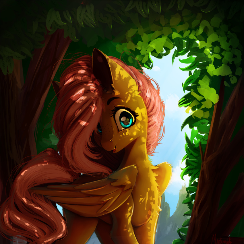 2019 equine eyelashes feathered_wings feathers female feral fluttershy_(mlp) freckles friendship_is_magic fur hi_res looking_at_viewer mammal miokomata my_little_pony open_mouth open_smile outside pegasus smile solo tree wings
