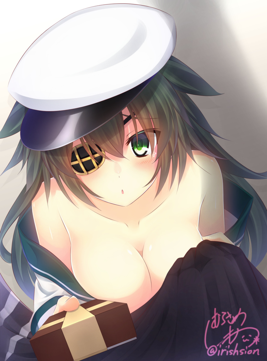 :o absurdres bare_shoulders blush box breasts cleavage collarbone eyebrows eyebrows_visible_through_hair eyepatch eyes_visible_through_hair gift gift_box gradient gradient_background green_eyes hair_between_eyes hat highres holding holding_gift kantai_collection kiso_(kantai_collection) large_breasts long_hair looking_at_viewer loose_clothes loose_shirt murasame_shia no_bra off_shoulder peaked_cap shade shadow shirt signature solo tears upper_body valentine