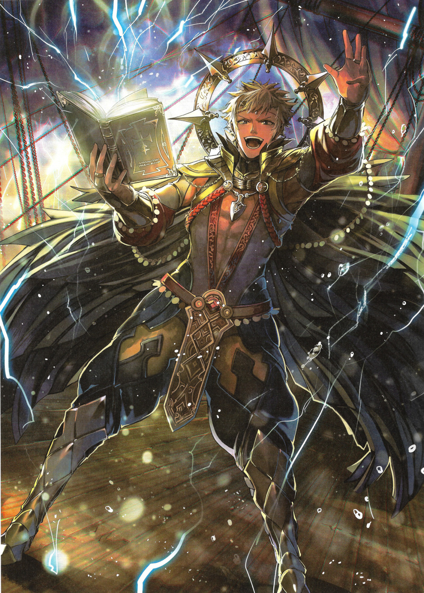 abs blonde_hair book boots bridal_gauntlets cape casting_spell center_opening chain circlet electricity fire_emblem fire_emblem_cipher fire_emblem_if greaves highres holding holding_book jewelry komori_niko lightning male_focus odin_(fire_emblem_if) official_art open_mouth pants pectorals pendant ship shoulder_pads solo translucent watercraft wings wooden_floor